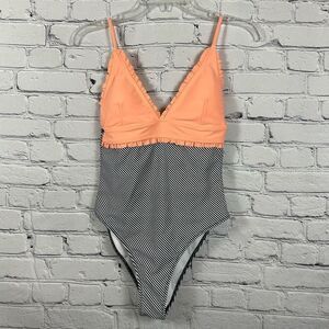 Beachsissi One-Piece Swimsuit Peach Ruffled Black & White Stripes S (4-6) NWT